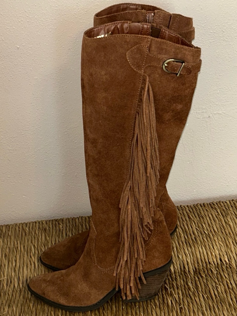 Boho Western Suede Fringe Knee High Boots Carlos Santana Brown Cowgirl
